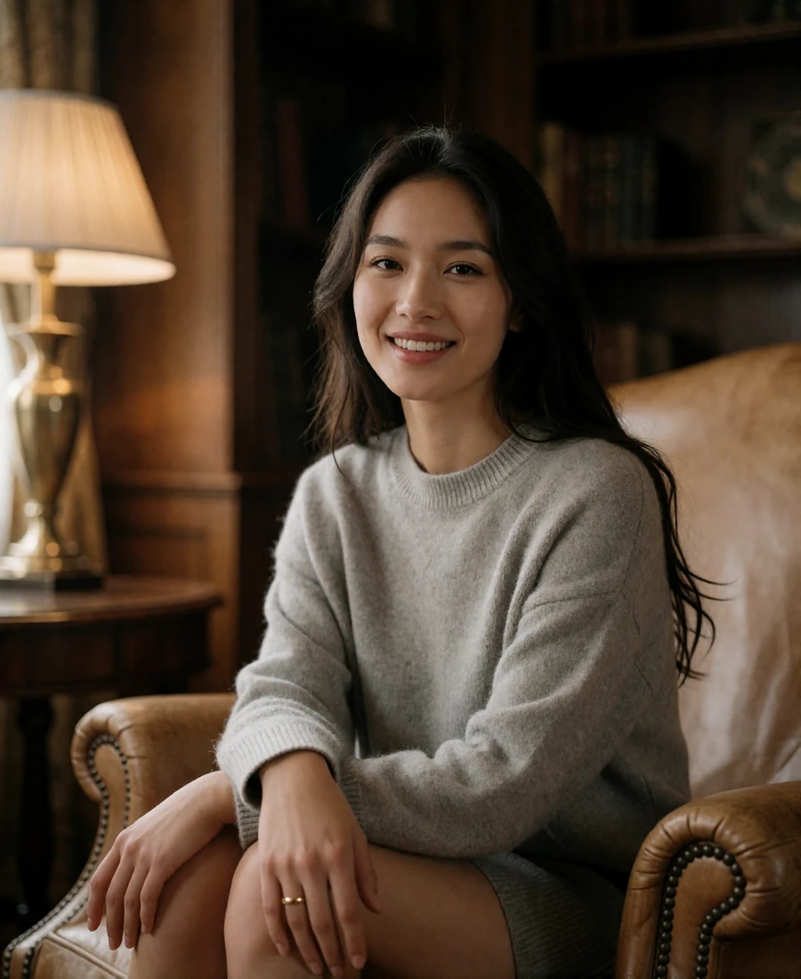 Mongolian member in a soft grey knit seated in a wood-paneled reading room