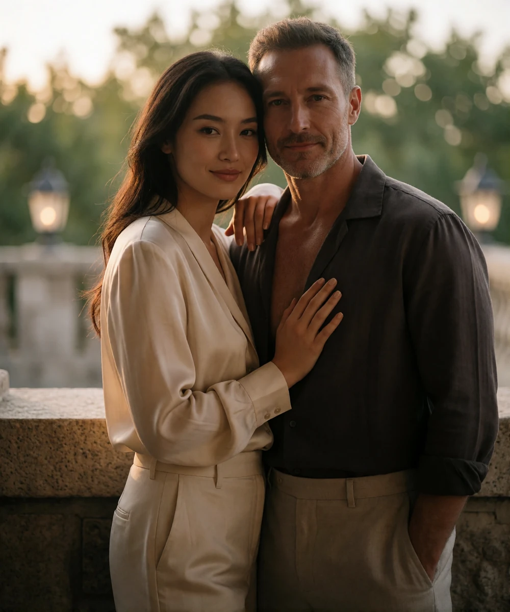 Couple standing close together on a stone terrace in warm evening light, both smiling toward the camera