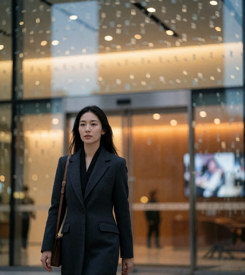 Composed Asian professional woman walking out of a modern glass office lobby in the early evening