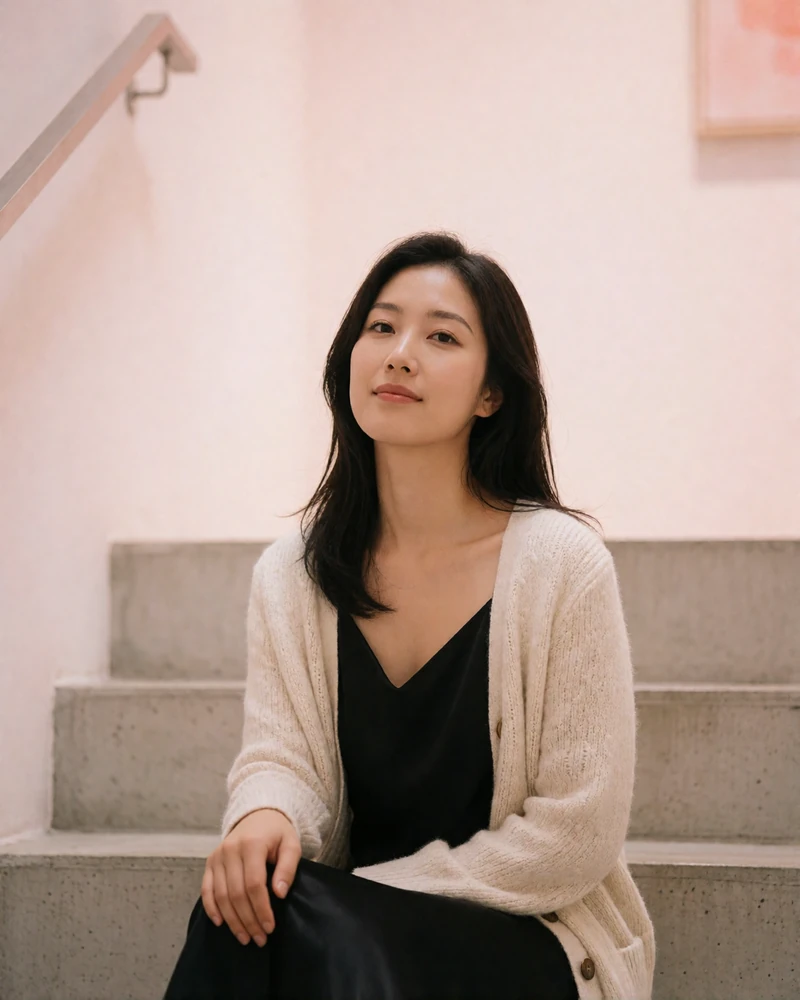 Korean member in a black slip dress with a cream cardigan seated on stairs inside a modern art gallery