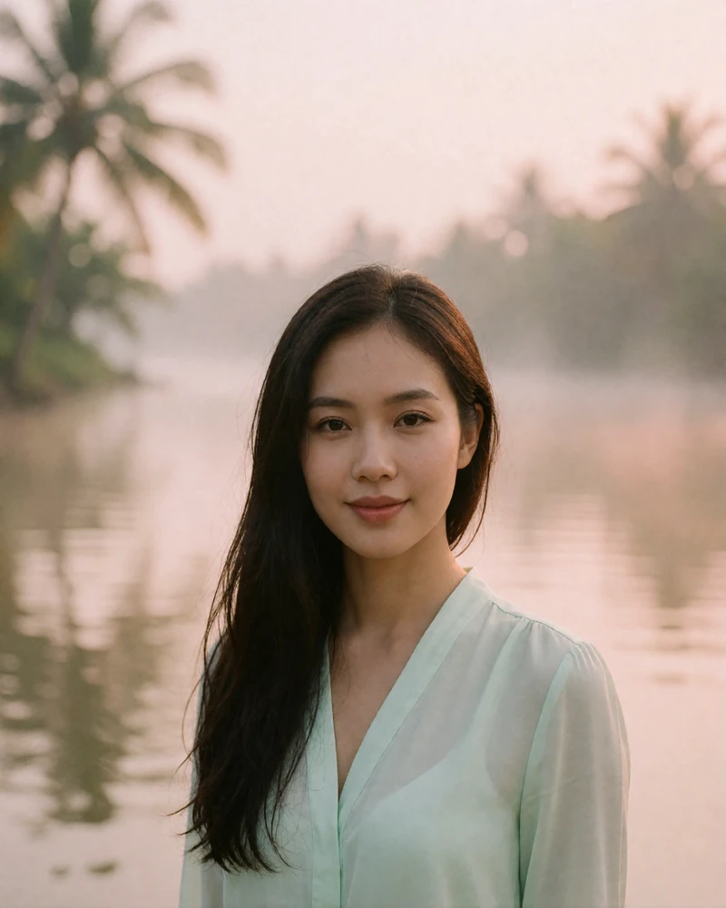 Vietnamese member with long dark hair smiling by a calm riverside in soft misty morning light