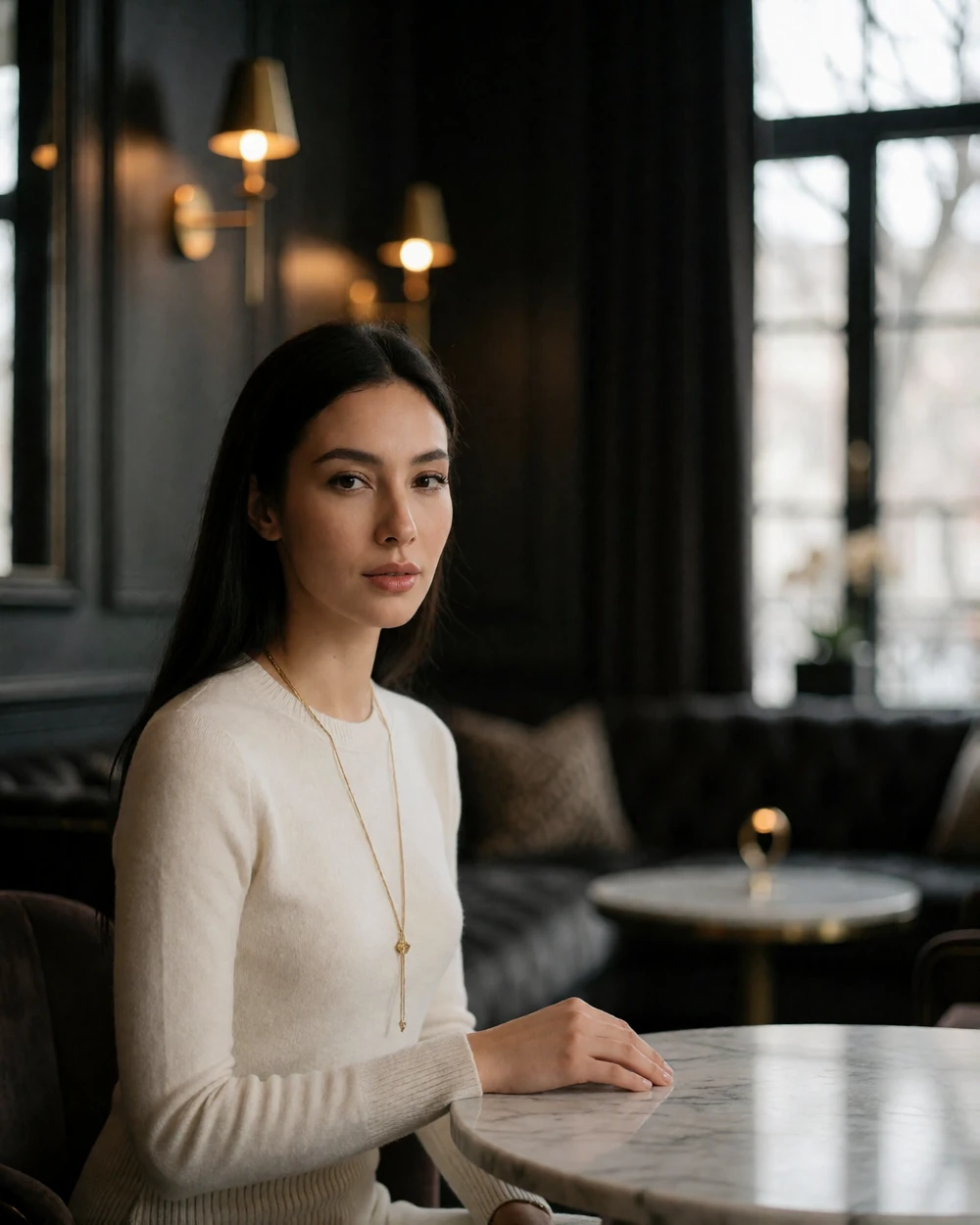 Kyrgyz woman in an ivory knit seated at a marble café table in a darkened upscale hotel lounge
