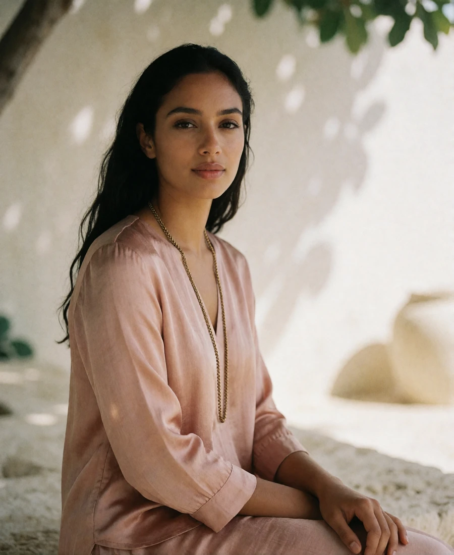 Maldivian member in a dusty-rose silk blouse seated on a shaded stone terrace with a composed, warm expression