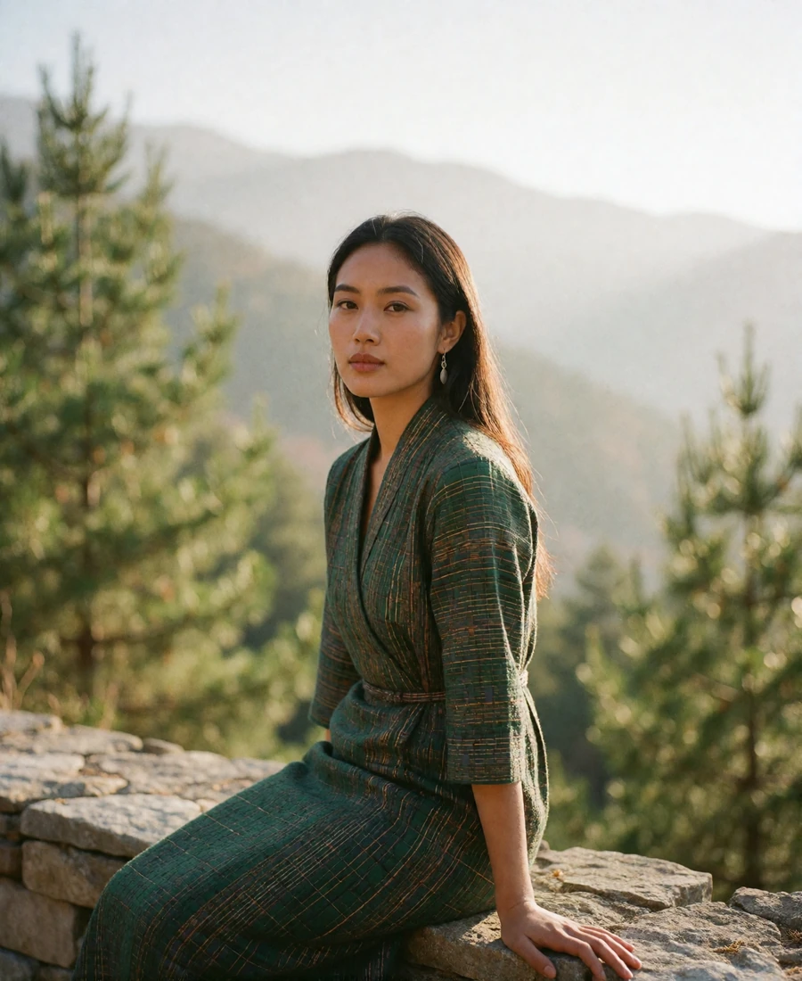 Bhutanese member in a deep pine-green woven dress seated on a stone wall in a pine valley
