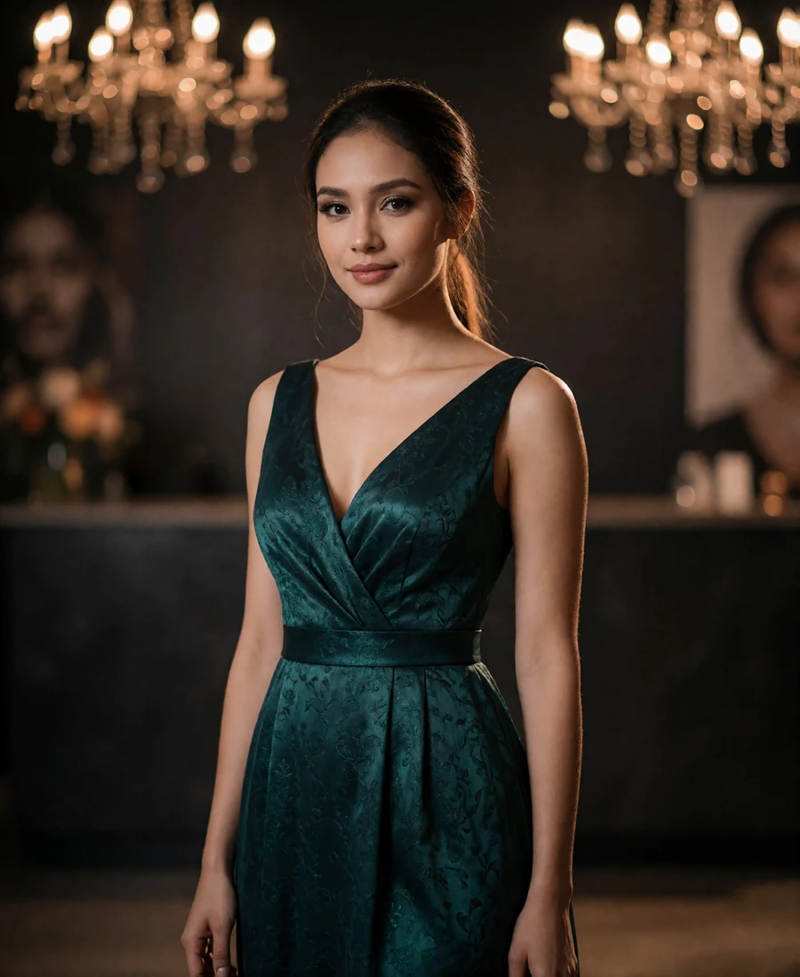 Cambodian member in a deep emerald evening gown standing in a dim reception hall