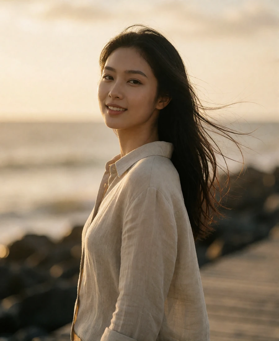 Taiwanese member with wind-lifted hair standing on a coastal boardwalk at golden hour