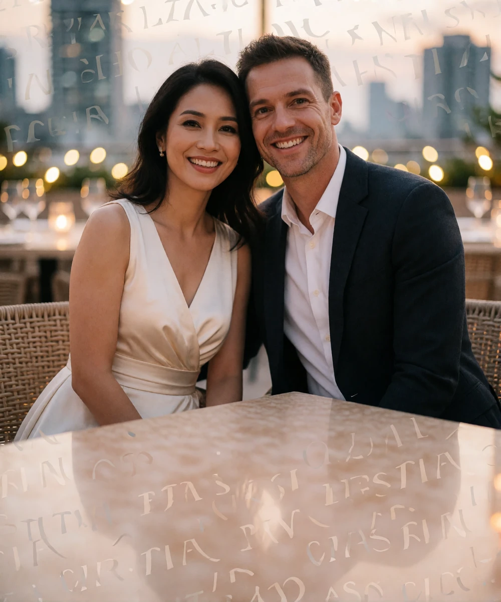 Couple smiling together at a rooftop dining terrace overlooking warm evening city lights