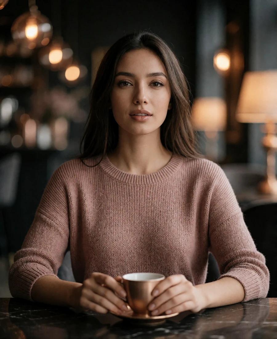 Kazakh woman in a rose knit top seated at a table in a warm traditional tea salon