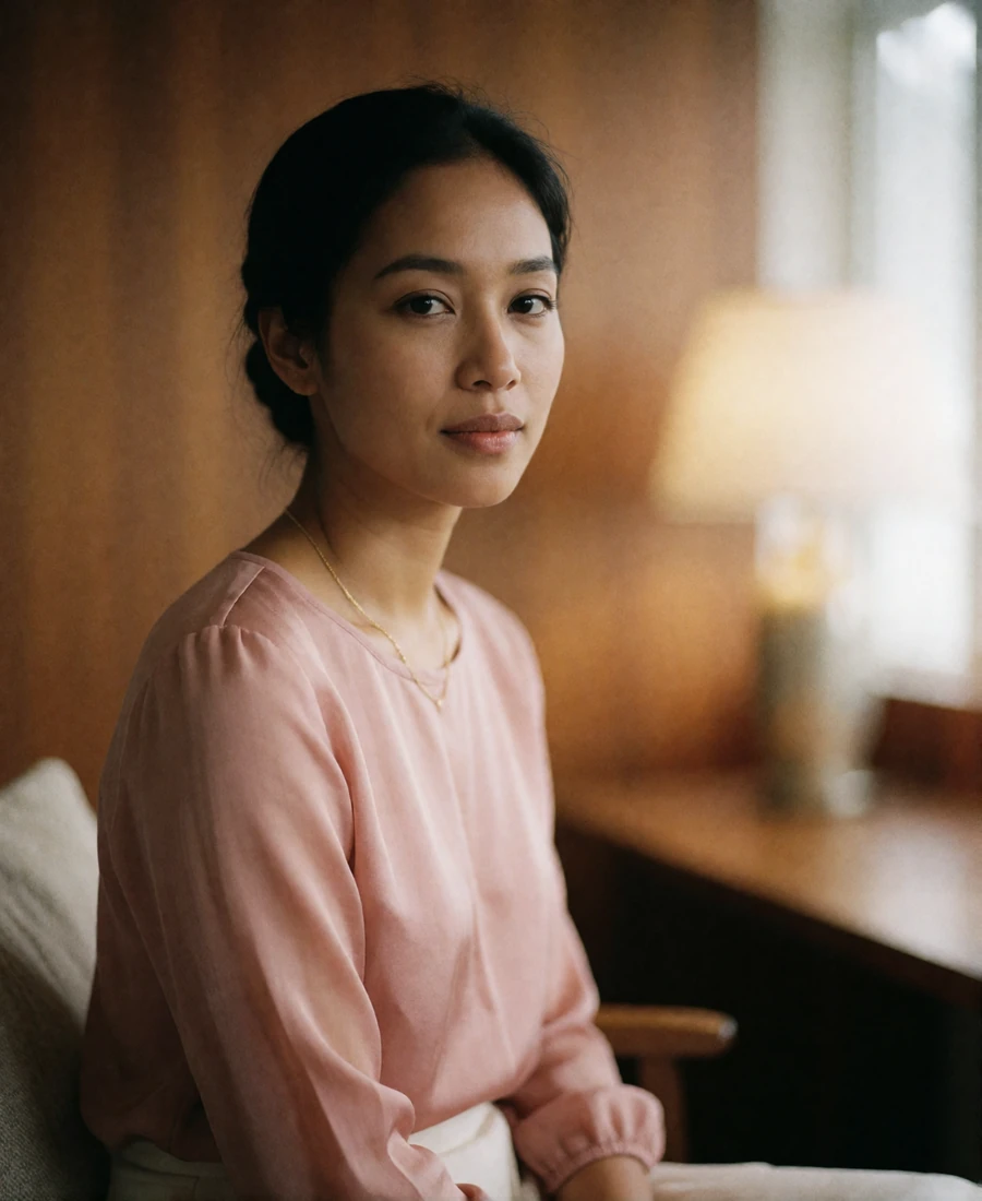 Bruneian member in a rose blouse seated in a quiet reading corner with warm lamp light