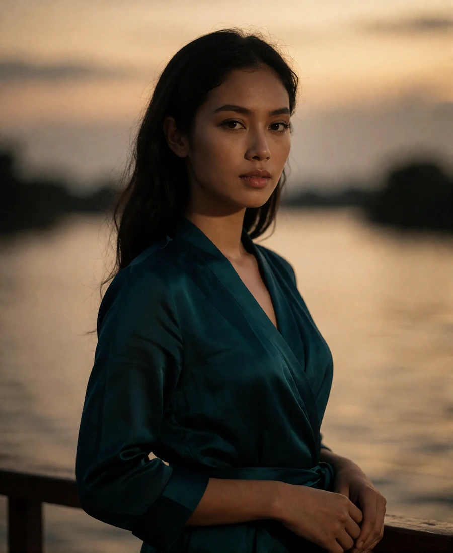 Burmese member in a deep teal wrap blouse standing on a riverside terrace at dusk