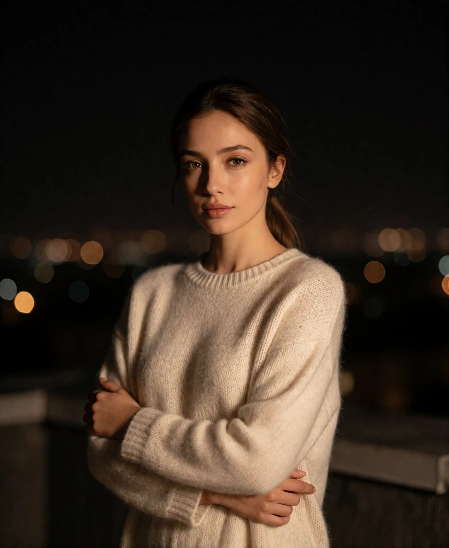 Uzbek member in soft ivory knitwear on a rooftop terrace at dusk with warm skyline light behind her