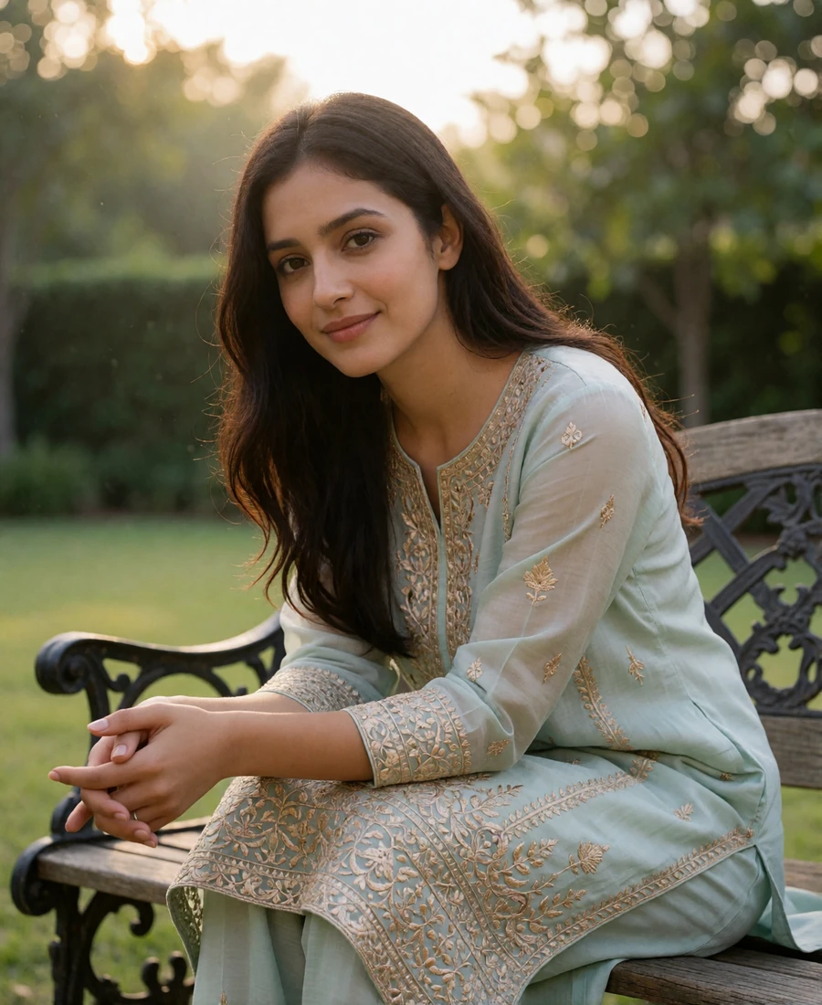Pakistani member in a pale blue embroidered kameez seated on a wrought-iron bench in a garden