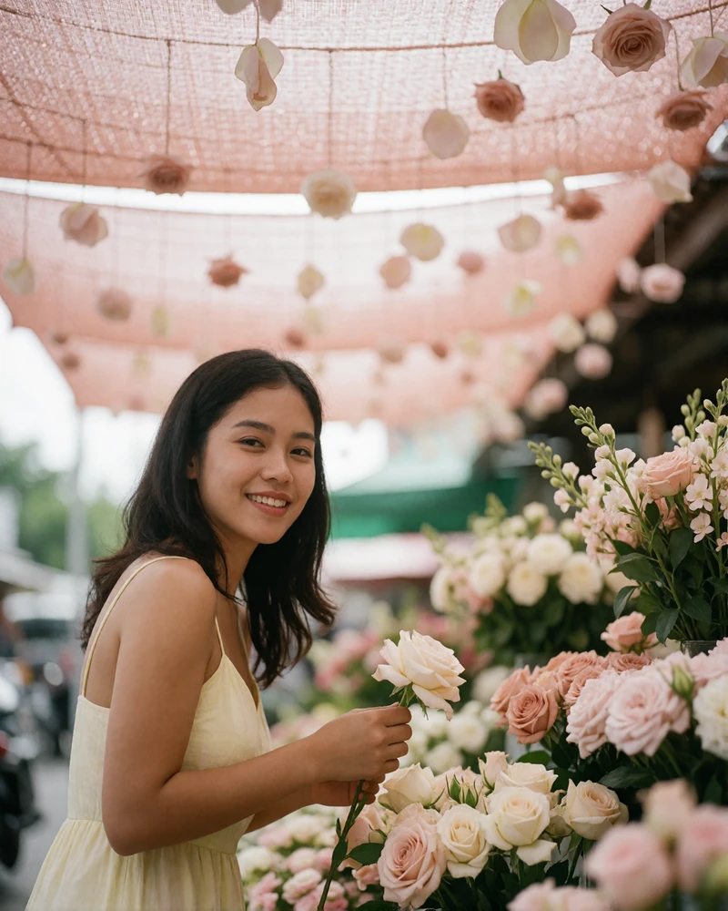 Filipino member in a yellow sundress holding a pale flower at an open-air market stall