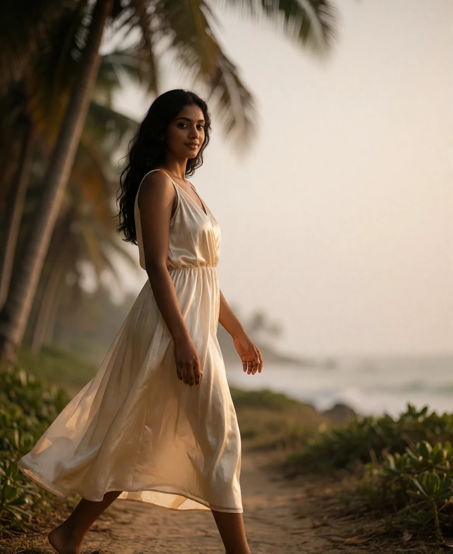 Sri Lankan member in a flowing ivory dress walking along a shaded coastal path