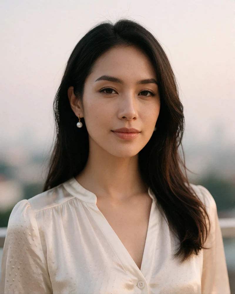 Malaysian member with long dark hair smiling on a quiet sky terrace in Kuala Lumpur