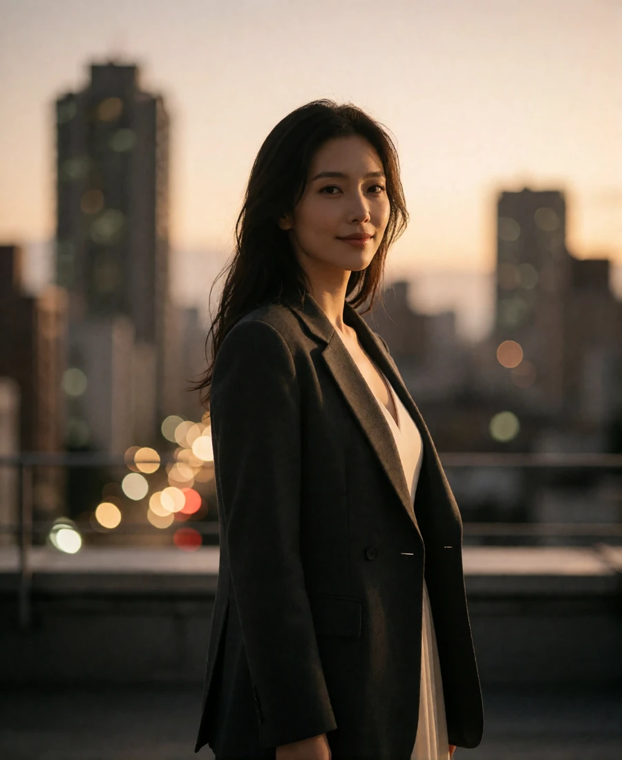 Taiwanese member in a charcoal blazer standing on a rooftop terrace at dusk overlooking the city