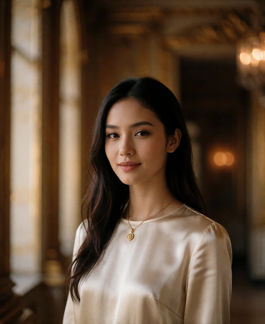 Burmese member with long dark hair in an ivory silk blouse smiling softly in a warm lamplit corridor