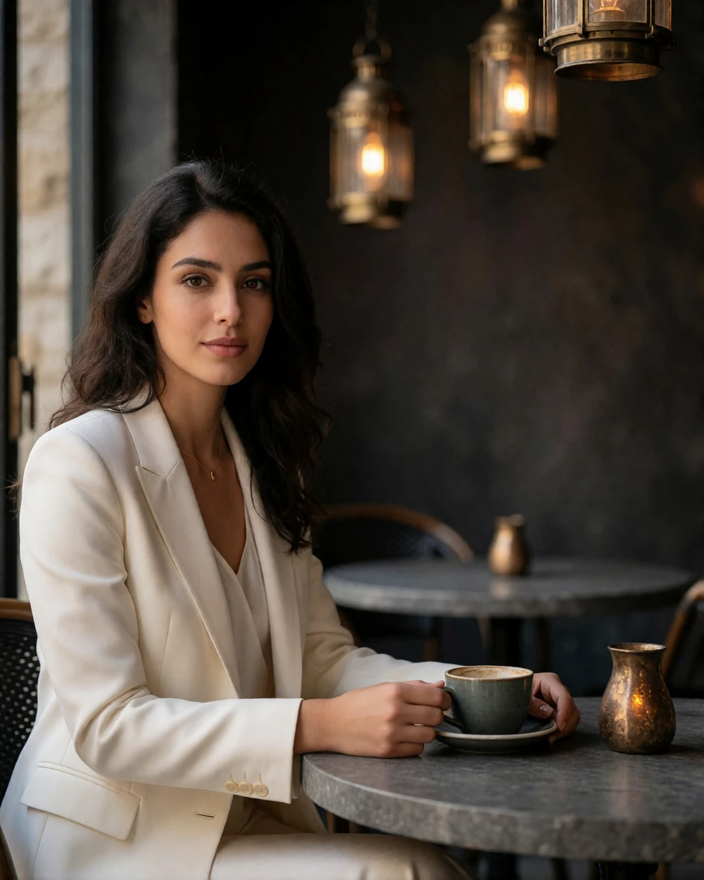 Jordanian woman in a cream blazer seated at a small café table on an upscale terrace