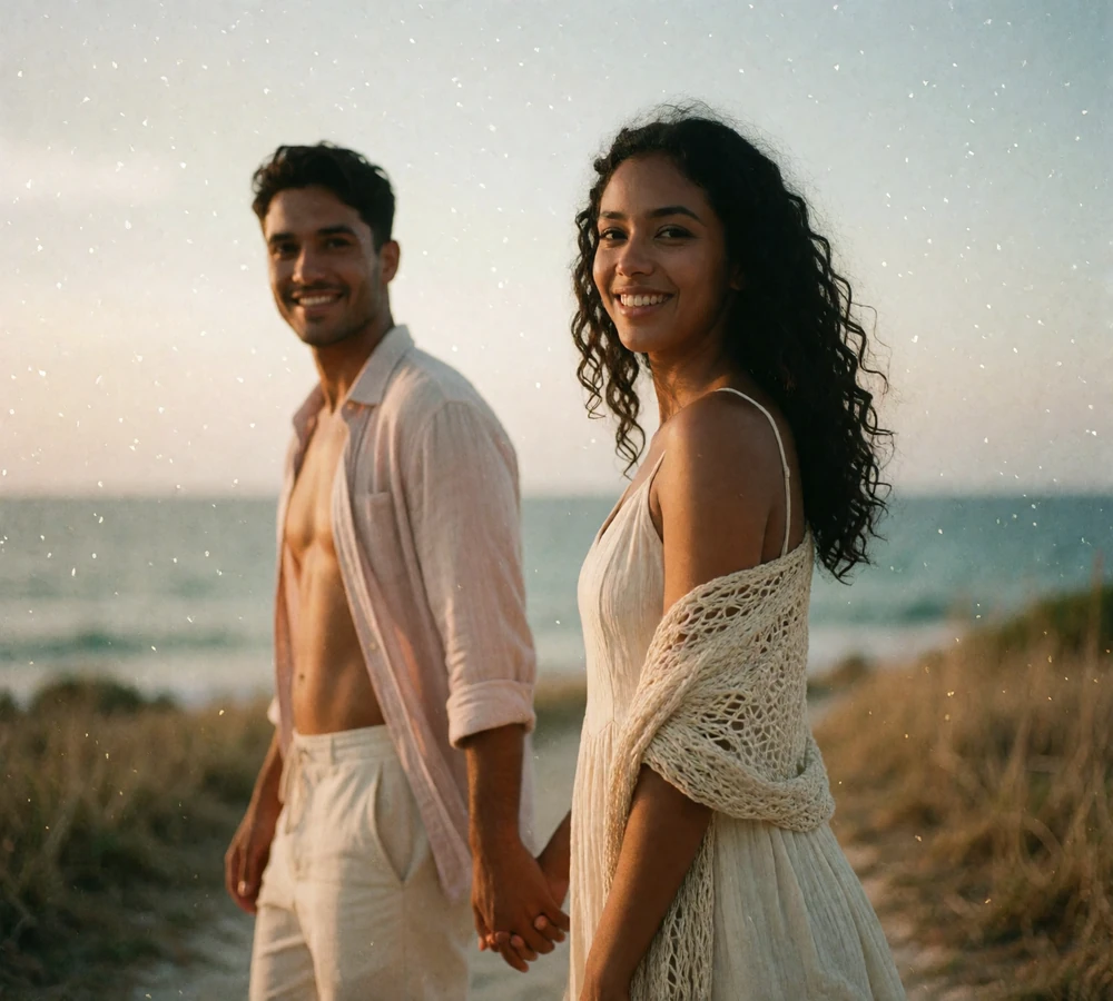 Couple walking together along a seaside path, both smiling toward the camera