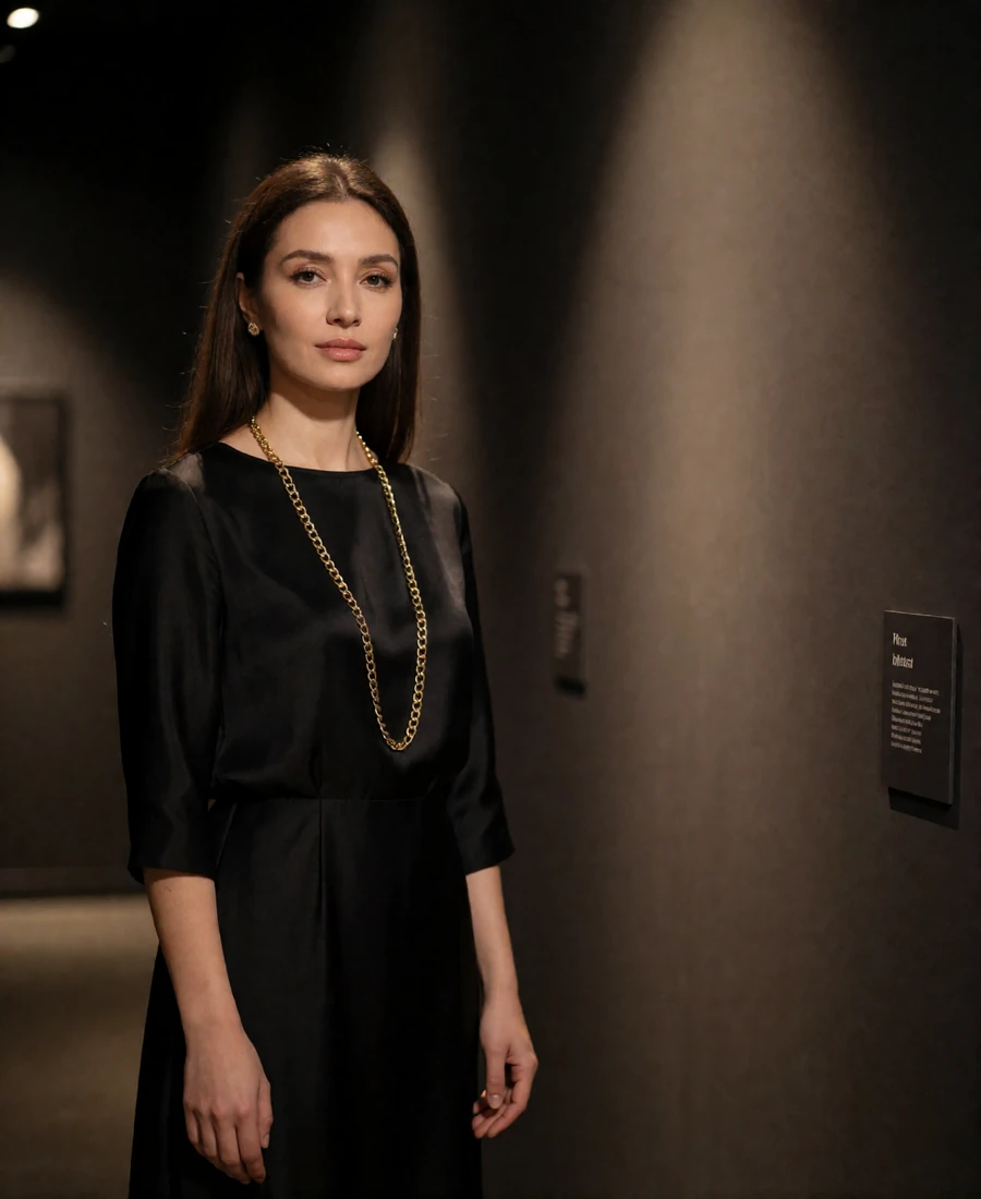 Kazakh woman in a black silk dress standing in a dim contemporary art gallery corridor