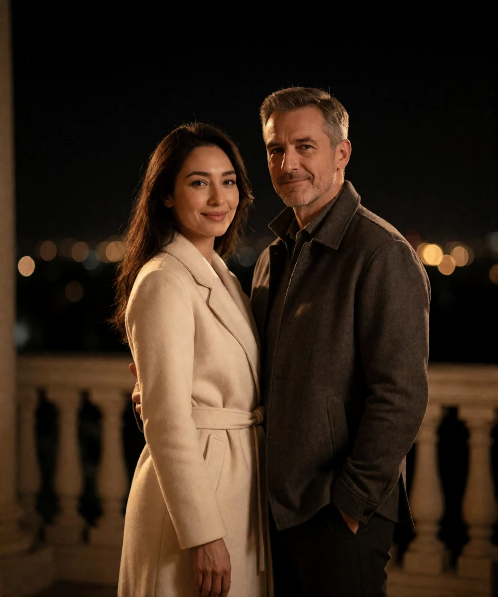 Couple standing together on a quiet hotel terrace at night with distant city lights behind them