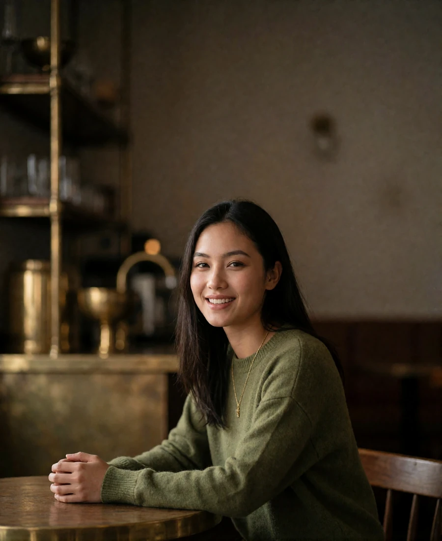 Nepali member seated at a wooden table in a warm minimal café with an open smile