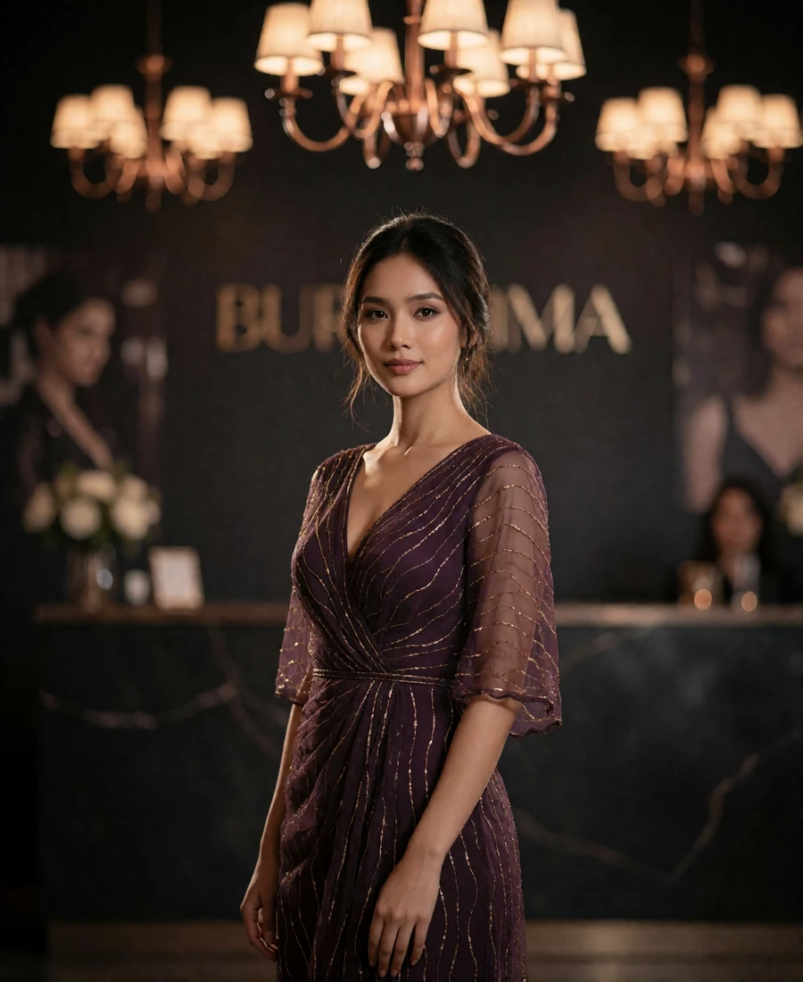 Burmese member in a deep plum evening gown with a composed smile in a warm reception foyer
