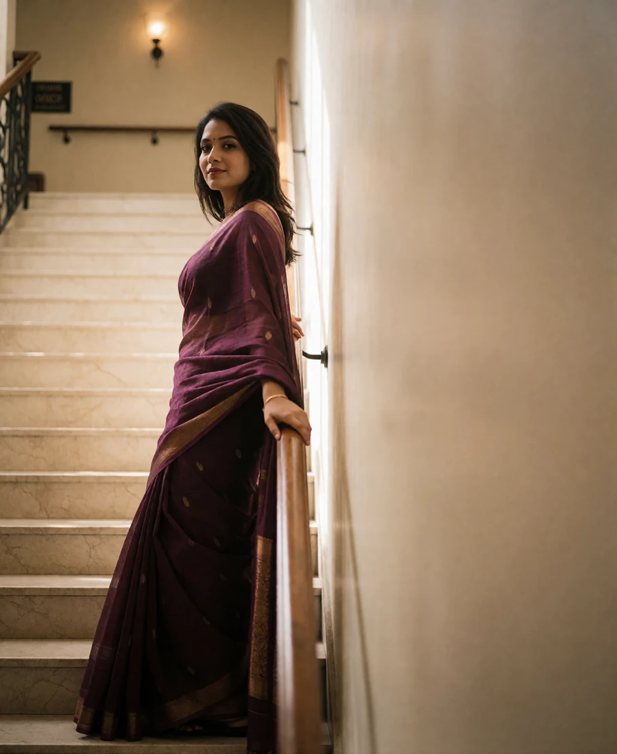 Bangladeshi woman in a deep plum saree pausing on a marble staircase in an upscale hotel