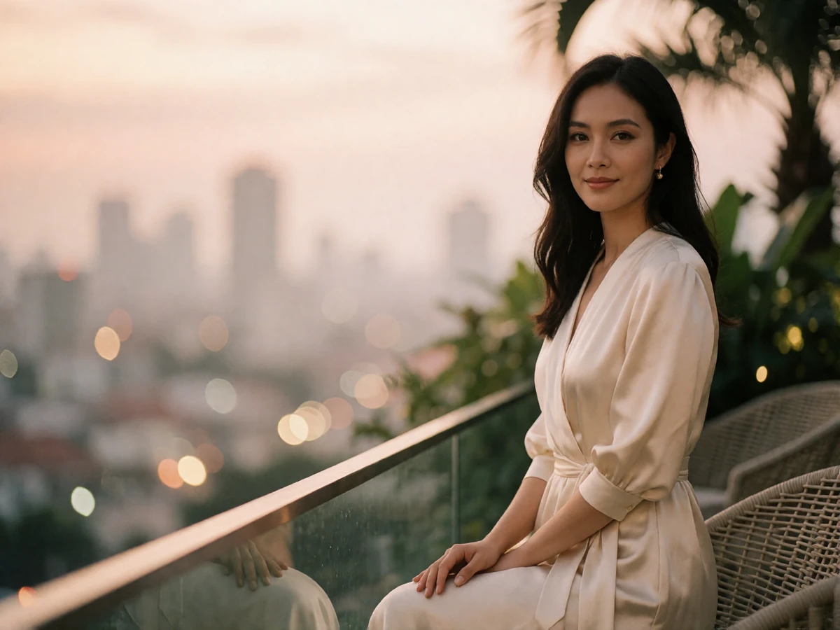 Elegant Malaysian woman in an ivory dress standing at the railing of an open-air terrace overlooking a tropical city at dusk