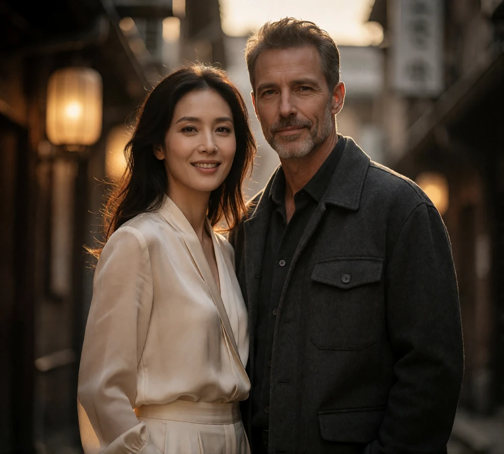 Couple smiling together on a quiet evening street with warm lantern light in the background