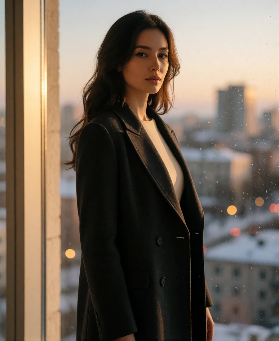 Kazakh woman in a charcoal coat standing by a window overlooking Astana at dusk