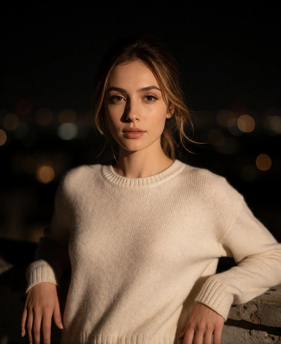 Armenian member in an ivory knit sweater on a rooftop terrace at night