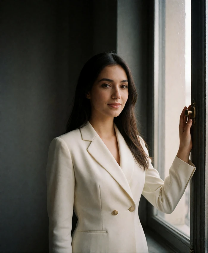 Tajik woman in an ivory blouse standing beside a tall studio window in natural daylight