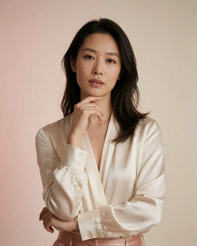 Chinese member in an ivory silk blouse photographed against a warm cream studio backdrop