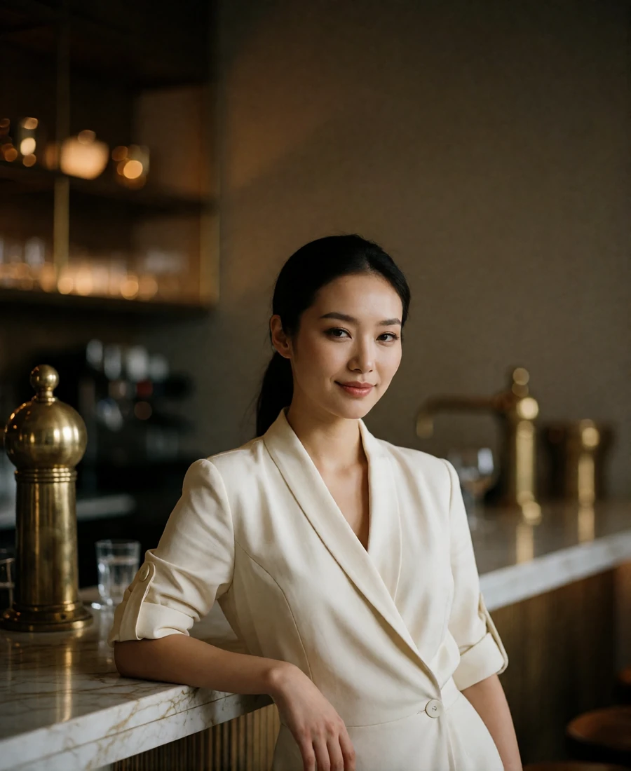 Mongolian member in an ivory tailored blouse leaning against a marble café counter