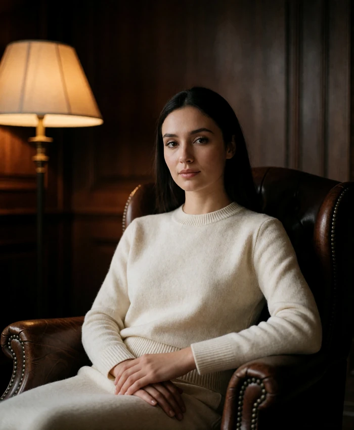 Turkmen member in a cream knit seated in a leather armchair in a dark wood-panelled reading room