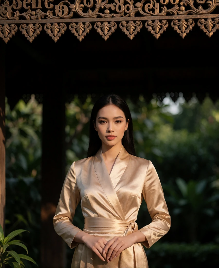 Cambodian member in a gold-toned silk wrap blouse standing in a shaded garden pavilion