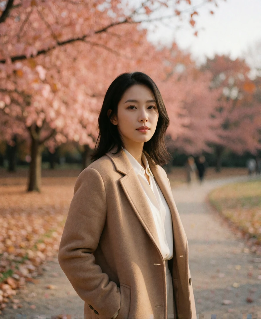 Korean woman in a camel wool coat standing on a quiet autumn park path with a composed expression