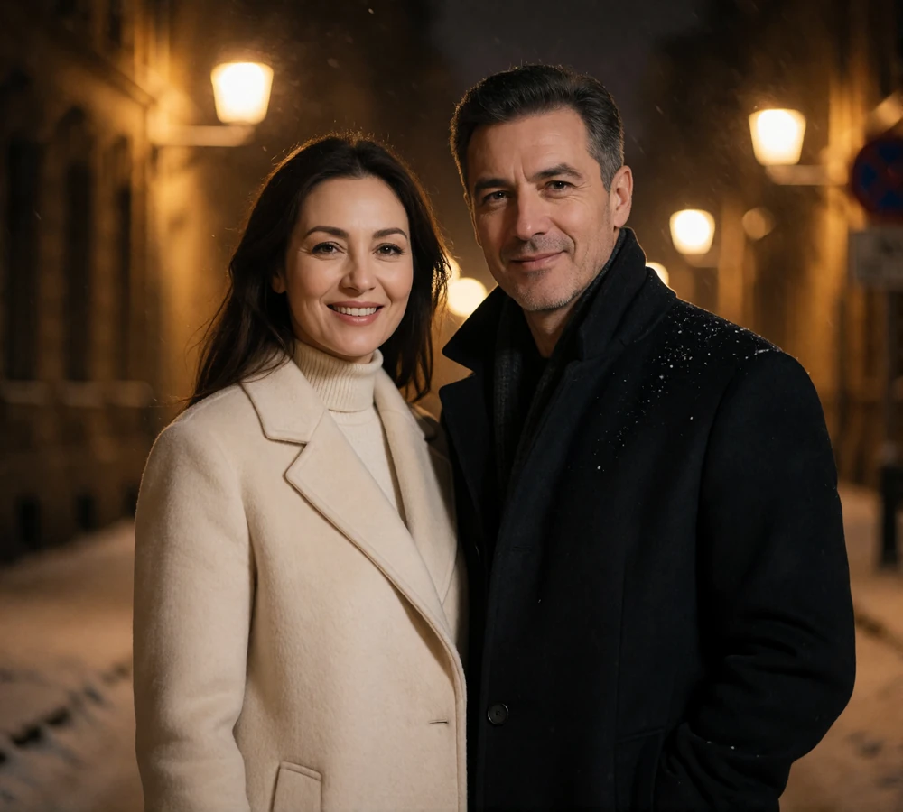 Kazakh woman and her partner smiling together on a quiet winter street in the evening
