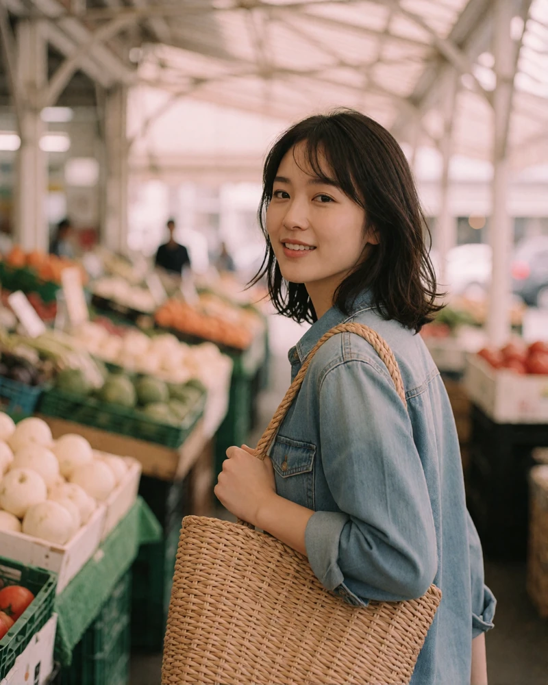 Japanese member in a light denim shirt glancing back with a smile while walking through an airy covered market