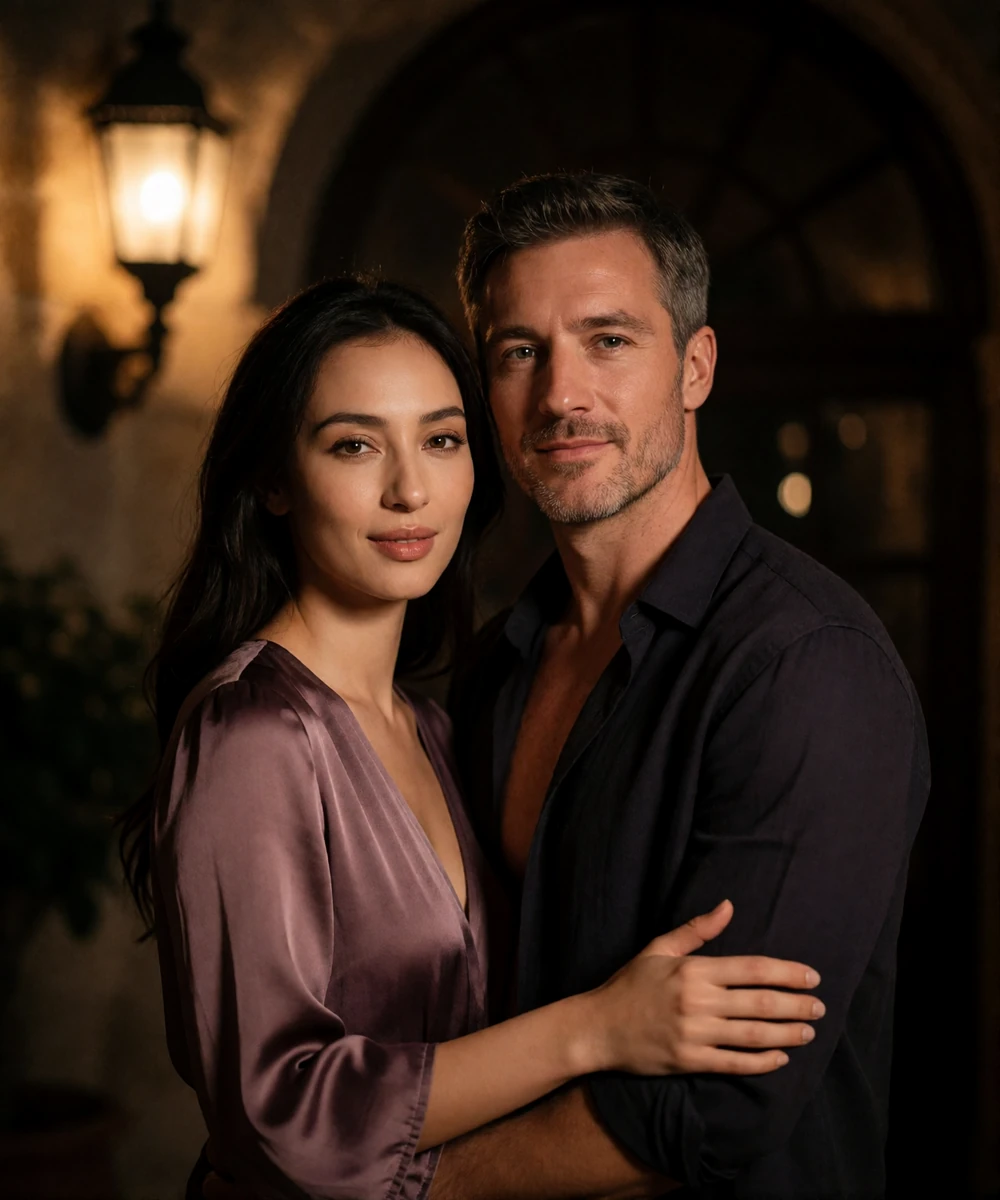 Couple standing close together in a lantern-lit courtyard at night, both smiling toward the camera