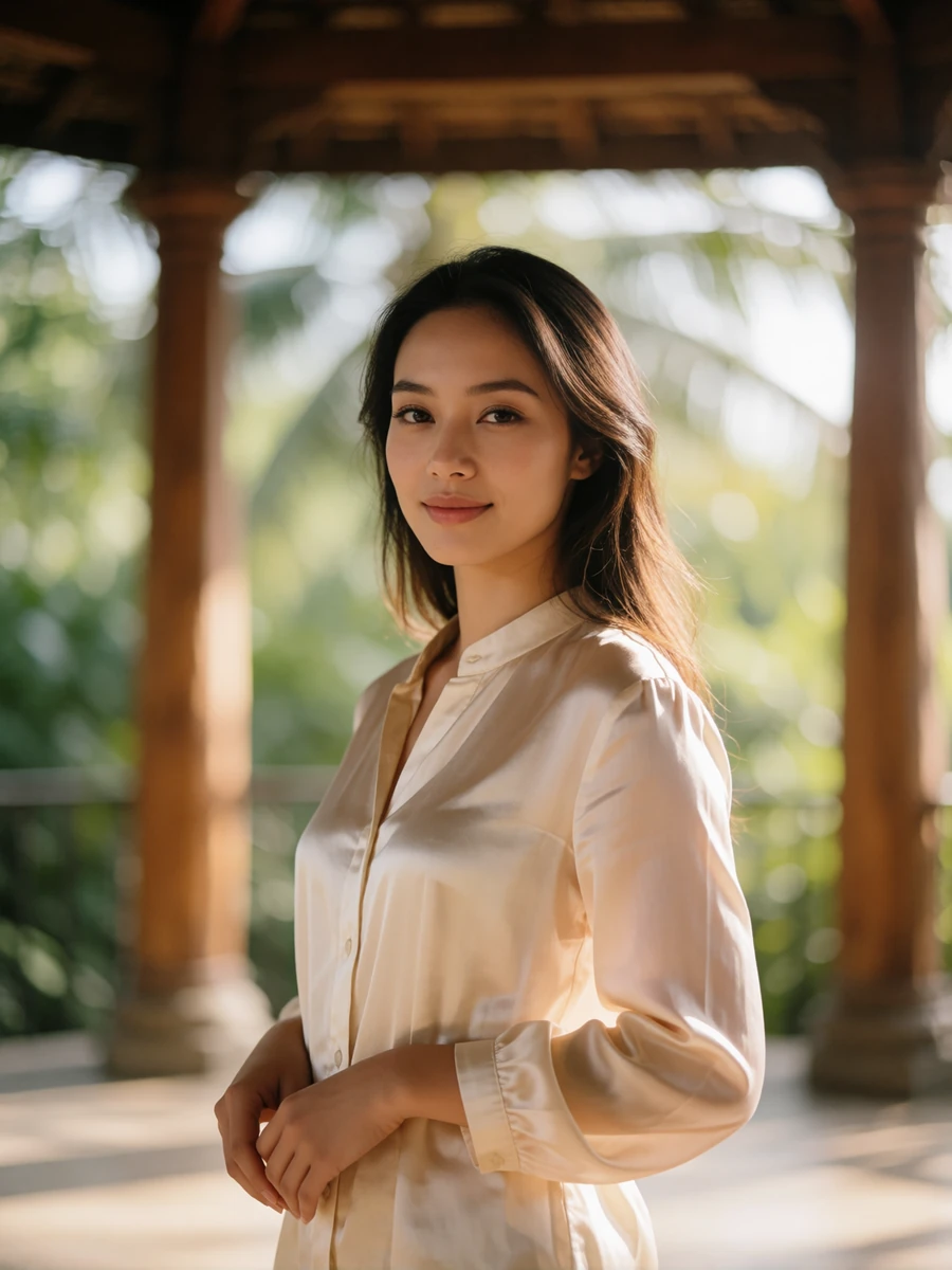 Graceful Indonesian woman in an ivory blouse smiling warmly in a bright open-air pavilion