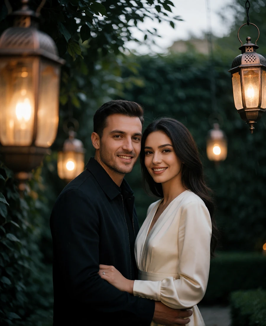 Couple embracing in a lantern-lit garden, a Turkmen woman in an ivory dress beside a man in a dark jacket