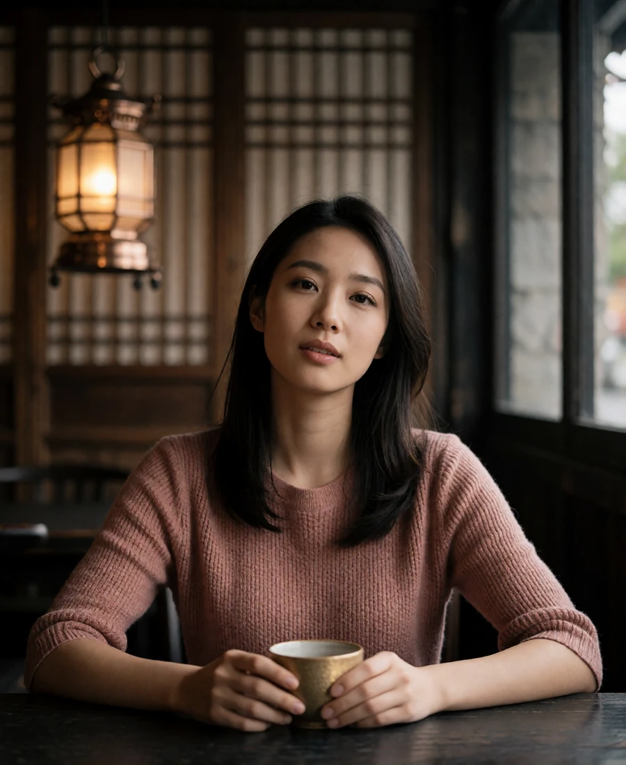 Taiwanese member in a dusty rose knit top seated at a wooden table in a traditional teahouse