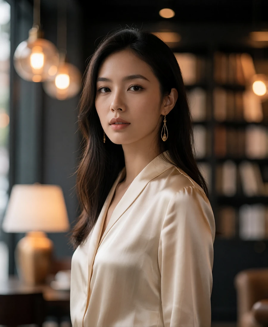 Taiwanese member with long dark hair in a cream silk blouse inside an upscale bookshop-cafe