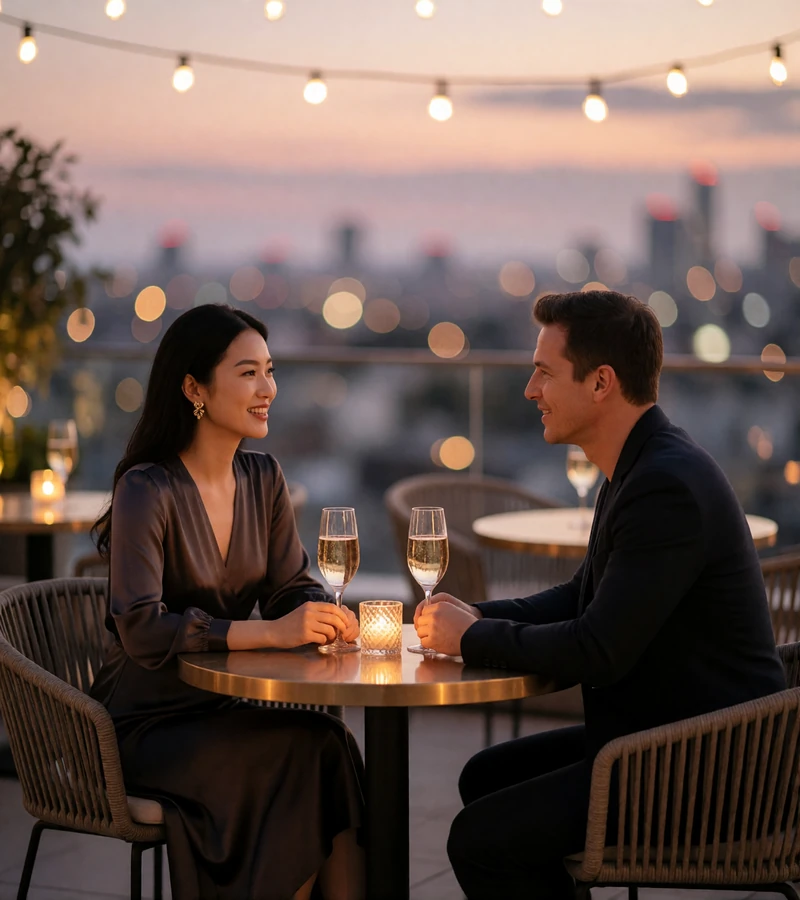 Elegant couple in conversation at a candlelit table on an upscale open-air rooftop lounge at dusk