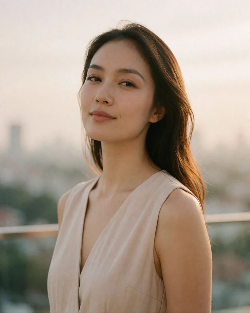 Singaporean member in a light beige dress at a quiet rooftop lounge during golden hour