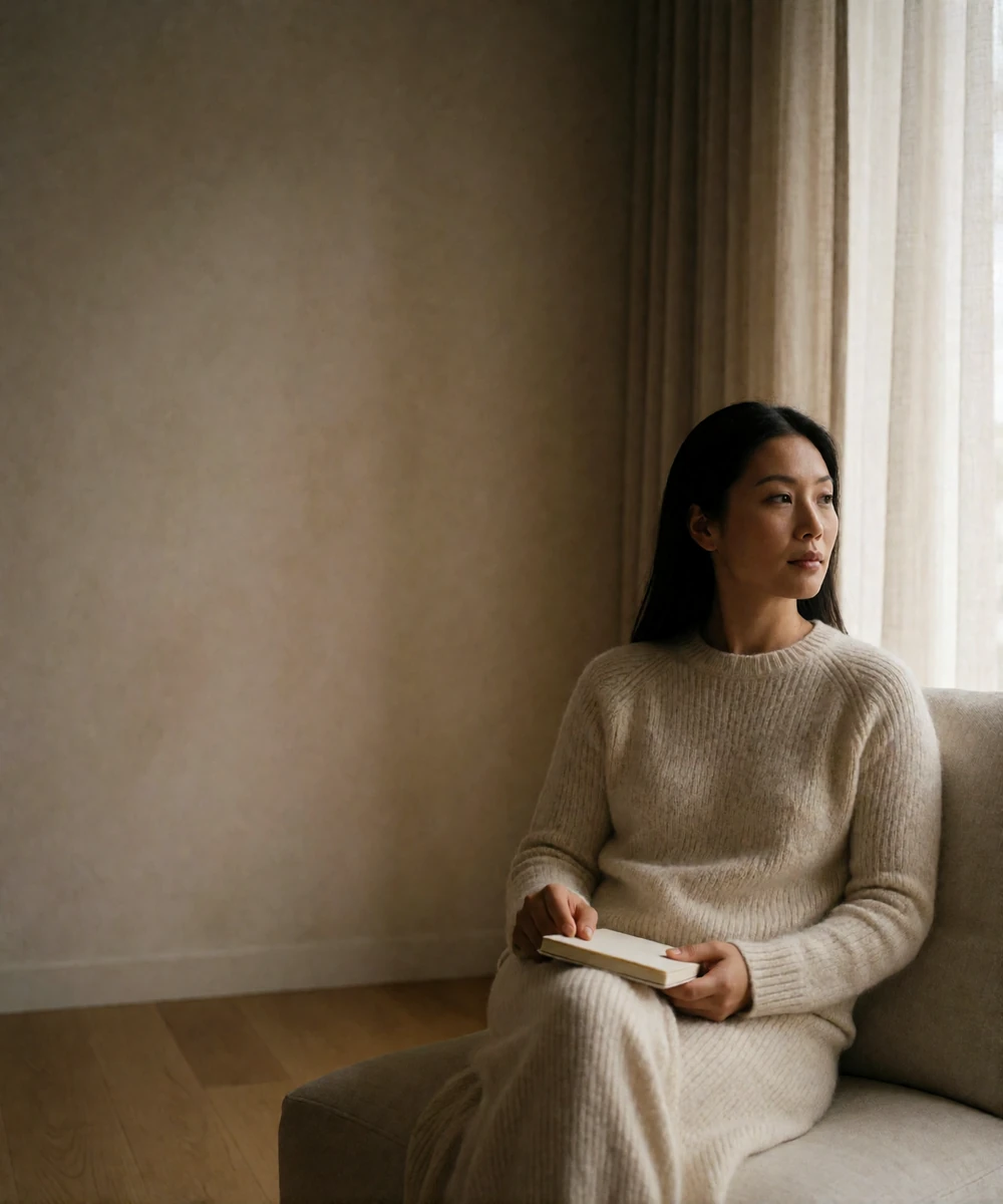 A composed Asian woman sits by a window holding a notebook while reflecting on shared long-term plans