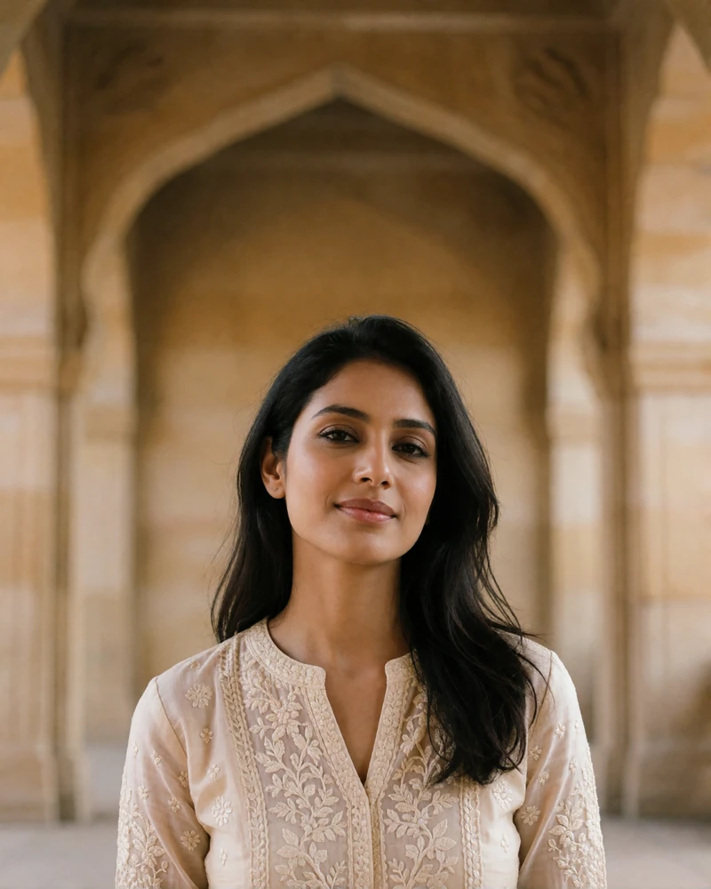 Indian member in a cream embroidered blouse standing beneath a sandstone arcade in Jaipur