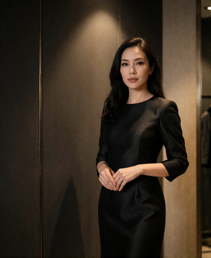 Lao woman in a black tailored dress standing composed in a dim boutique hotel lobby
